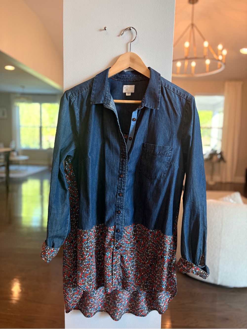 Anthro/Postmark Mixed Fabric Denim Floral Tunic Top Size 12